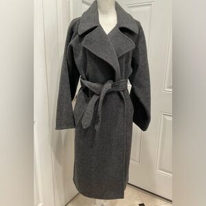 🍎Women’s Grey Midi Wool Blend (42%) Belt Tied Wrap Trench Coat, Size S